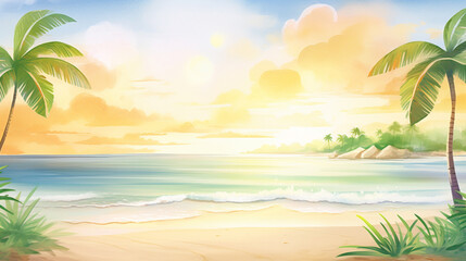 Fototapeta na wymiar Morning sunrise at bustling tropical beach cartoon drawing, AI Generated