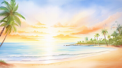 Morning sunrise at bustling tropical beach cartoon drawing, AI Generated