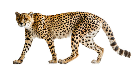 Naklejka premium Cheetah Walking Across White Background, Majestic and Graceful Predator in Motion