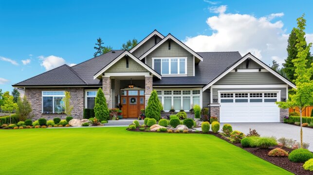 Sunrise at a Beautiful Urban Residence with Green Yard and Rose Bushes