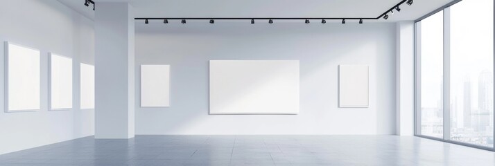 Blank Canvas: Modern Minimalist Art Gallery Interior with Clean White Space and Empty Picture Frames