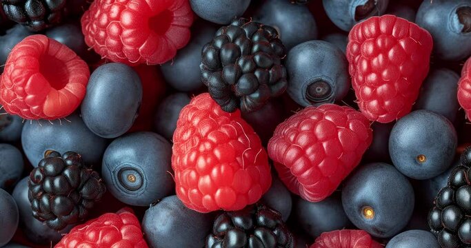 close up raspberry blackberry blueberry, fruits berry, food health dezoom rotation