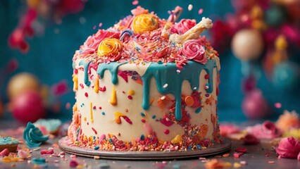 Capture the joyous explosion of sprinkles on a cake, focusing on the vibrant colors and playful textures that add a festive touch.

 - Generative AI