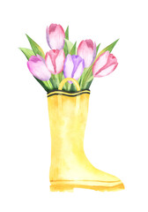 Rubber boots with colorful tulips watercolor illustration. Perfect for holiday invitations and cards. Spring hand drawn illustration.