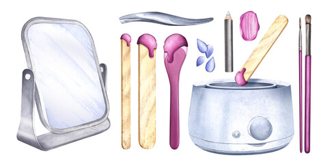 Removing hair on the body and face using wax. Beauty tools. Mirror, wax melting bowl, tweezers and wooden spatula. Watercolor illustration. beauty and fashion concept - obrazy, fototapety, plakaty