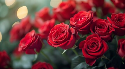 A close-up of a vibrant bouquet of red roses, symbolizing love and passion. [Vibrant bouquet of red roses, space for text, elegance, and sensuality