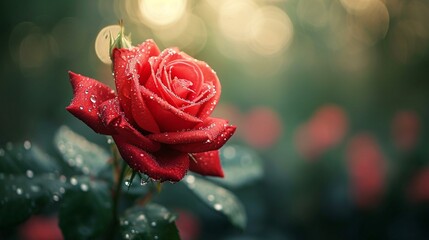 Soft focus on a single red rose with dewdrops, highlighting the beauty of nature. [Single red rose with dewdrops, space for text, elegance, and sensuality