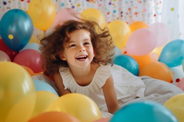 Fototapeta na wymiar A happy little girl is sitting on the bed in her room decorated with a lot of colorful balloons and smiling. The concept of holidays and happy birthday surprise. Generated by AI.