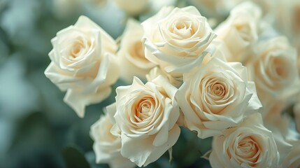 Soft focus on a cluster of white roses, conveying purity and beauty for celebratory occasions. [Cluster of white roses, space for text, elegance, and sensuality