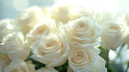 Soft focus on a cluster of white roses, conveying purity and beauty for celebratory occasions. [Cluster of white roses, space for text, elegance, and sensuality