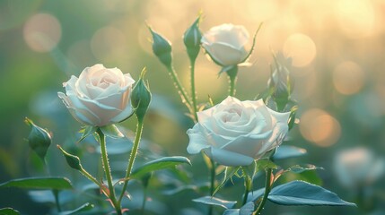 White rosebuds in soft morning light, ideal for conveying a fresh and celebratory mood. [White rosebuds in morning light, space for text, elegance, and sensuality