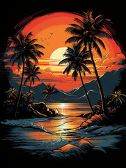 T-shirt design, vectorized t-shirt design of palm trees at beach, detailed, vintage, playful , caricature style created with Generative Ai