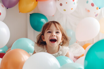 Fototapeta na wymiar A little happy girl is in her room decorated with a lot of colorful balloons and smiling. The concept of holidays and happy birthday surprise. Generated by AI.