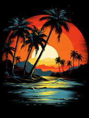 T-shirt design, vectorized t-shirt design of palm trees at beach, detailed, vintage, playful , caricature style created with Generative Ai
