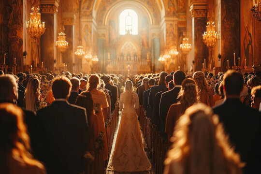A large luxury wedding a church with bright sunlight coming through the windows