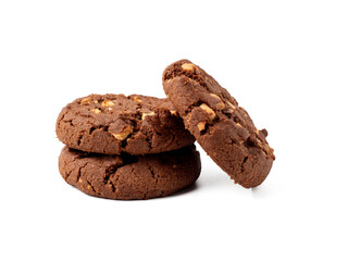 Chocolate rich cookies with contrasting white chocolate chips, transparent background. Cookies with white chocolate close-up PNG format.