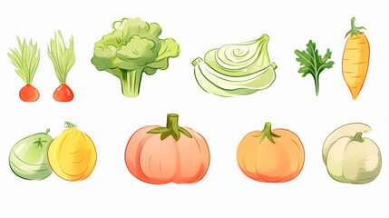 Vegetables, cartoon drawing, Water color style, AI Generated