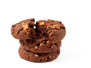 Chocolate rich cookies with contrasting white chocolate chips, transparent background. Cookies with white chocolate close-up PNG format.