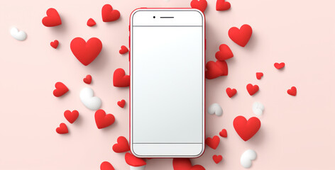 Mobile phone top view with white empty white screen surrendered small red hearts, greeting card with smartphone mockup copy space for valentine's day on pink background - obrazy, fototapety, plakaty