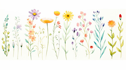 Wildflowers, Cartoon drawing, Water color style, AI Generated