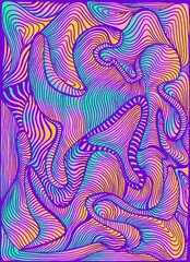 Glowing neon rainbow hippie trippy psychedelic style colorful waves hand draw background. Vintage bright abstract ornament trippy waves texture.