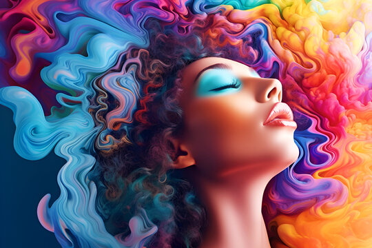 A girl against a background of surreal design using acid colors, psychedelic culture, will reflect overload with thoughts and digital technologies.