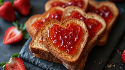 Heart-shaped strawberry jam on toast, with fresh berries on the side—ideal for a sweet, romantic breakfast or Valentine's treat - obrazy, fototapety, plakaty