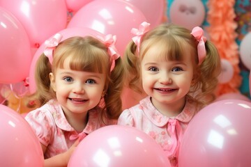 Fototapeta na wymiar Two little girls are twin sisters among a pastel trendy color pink balloons smiling together. The concept of holidays and happy birthday surprise. Generated by AI.