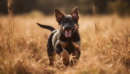 A funny photo of a German Shepherd puppy happily jumping through a field