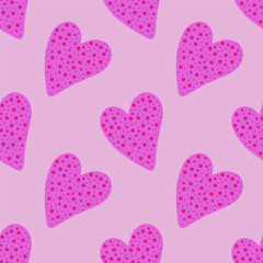 Valentines Day doodles seamless pattern. Cute hot pink hearts with simple decorative elements vector illustration.