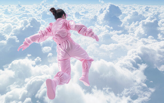 A woman in a pink suit floats above the clouds, embodying the elegance of a child roboticist. The concept blends innocence with a technological spirit, creating magic above the sky.