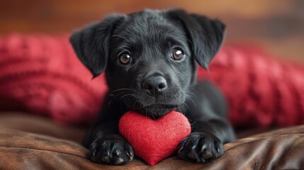 Adorable black puppy with glossy eyes holding a red heart, evoking warmth and love—perfect for Valentine's Day themes
