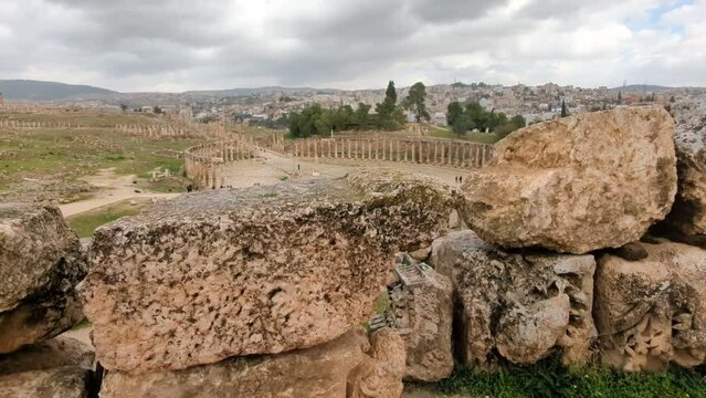 ancient Roman structures in Jerash city,Gerasa, Jordan, hippodrom, amphiteatre,theatres and columns of the ancient Roman civilization made out of sand and marble stone