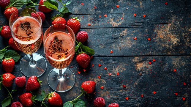 Sparkling rose champagne in glasses, surrounded by fresh strawberries and raspberries on a rustic wooden table