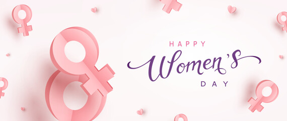 Women's Day greeting card or banner with woman 3d pink flying paper female symbols. Vector 8 March international holiday poster template