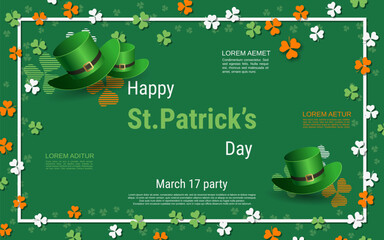 St.Patrick's Day vector illustration. Green background with colorful clover leaves and design elements