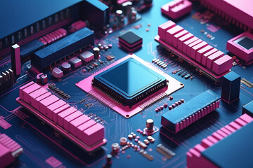 electronic circuit board with processor pink and blue color