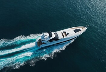 Aerial view of luxury motor boat Speed boat on the azure sea in turquoise blue water birdseye aerial - obrazy, fototapety, plakaty
