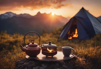 Fototapeten Camp fire and tea pot tent and mountains in the background at sunset Travel concept and Hobbies © ArtisticLens