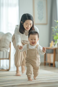 A smiling asian baby beams with pride taking first steps while a supportive mother watches from behind in a bright, cozy living room..