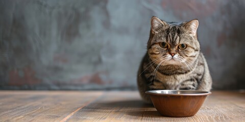 Hungry cute tabby cat sitting near empty bowl on wooden floor 