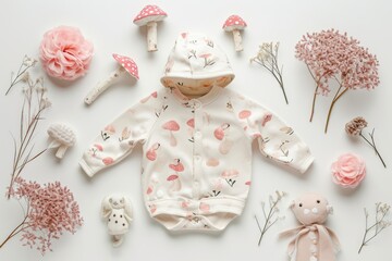 A charming baby girl's romper with mushroom and floral patterns laid out with whimsical decorative mushrooms and fresh flowers..