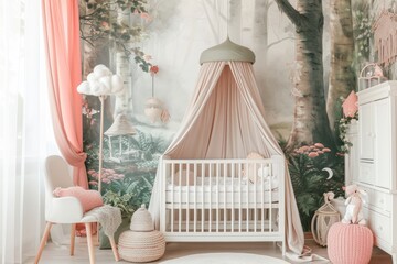 A beautifully decorated baby nursery with an enchanted garden theme, featuring a crib adorned with fairy lights, greenery, and paper lanterns..