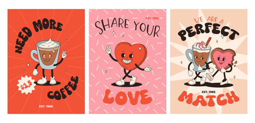 Valentine's Day set of vintage posters. Happy and cheerful retro mascots. Old animation 50s 60s 70s, groovy cartoon characters of coffee sweets and hearts, donut, cupcake, espresso, latte, present