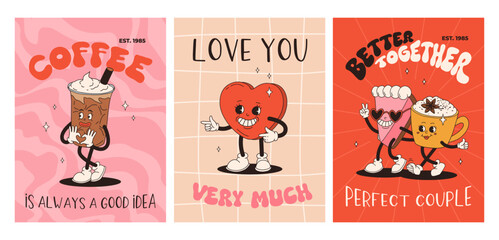Fototapeta na wymiar Valentine's Day set of vintage posters. Happy and cheerful retro mascots. Old animation 50s 60s 70s, groovy cartoon characters of coffee sweets and hearts, donut, cupcake, espresso, latte, present