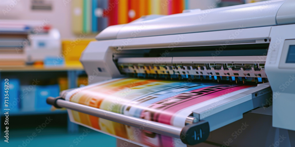 Poster A printing machine with a large roll of colored paper. Ideal for printing projects and creative designs