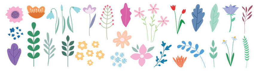 Set of vector flowers and twigs. Flowers for decorating cards, covers.