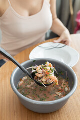 preparation of healthy soup, food with seafood and vegetables, delicious shrimp ceviche, detail of textures, traditional dish