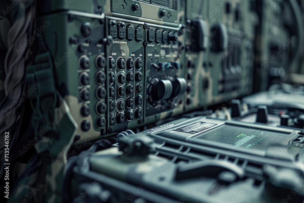 Poster a detailed view of a control panel in a plane. suitable for aviation, technology, and transportation
