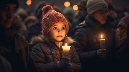 Crowd of people with candles at the christmas market in Poland
